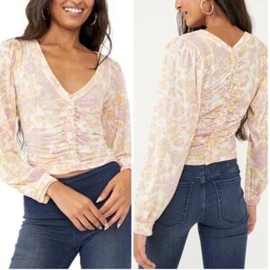 Boho Floral Free People Ruched V-Neck Long Sleeve Top - Spring Colors